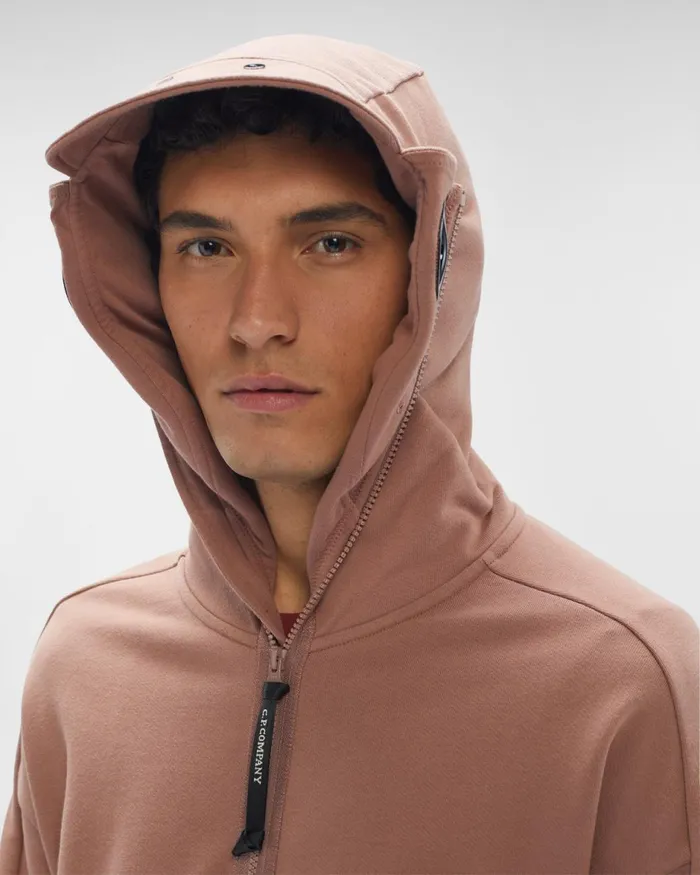 Man CP Company Sweatshirts Diagonal Raised Fleece Zipped Goggle Hoodie Cedar Wood 8211 Pink
