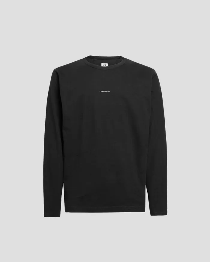 Man CP Company Tshirts and Polo Brushed Jersey Long Sleeved Logo Tshirt Black