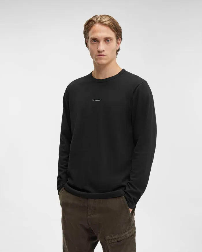Man CP Company Tshirts and Polo Brushed Jersey Long Sleeved Logo Tshirt Black