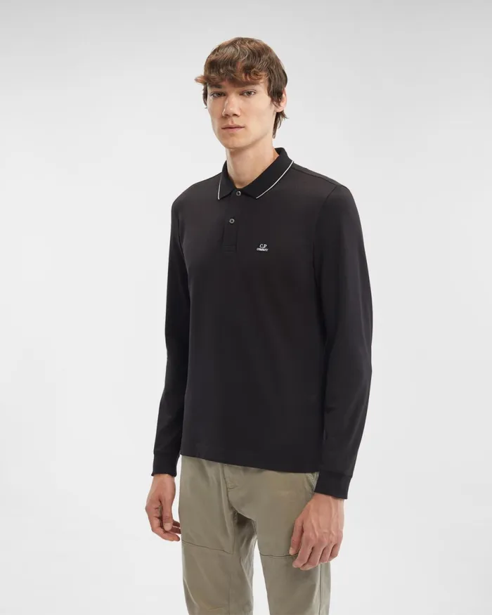 Man CP Company Tshirts and Polo Stretch Piquet Long Sleeved Slim Striped Polo Shirt Black