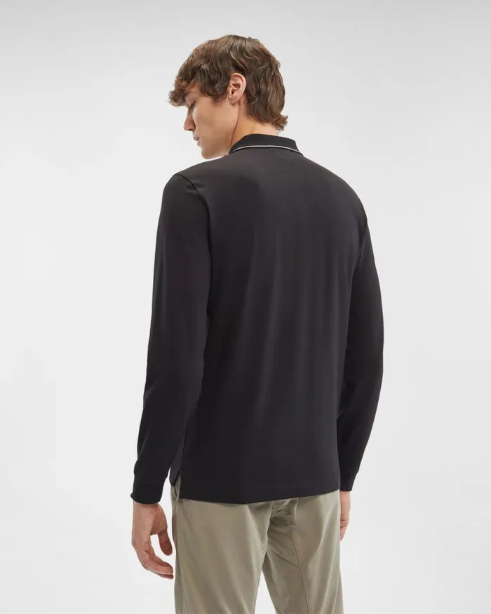 Man CP Company Tshirts and Polo Stretch Piquet Long Sleeved Slim Striped Polo Shirt Black