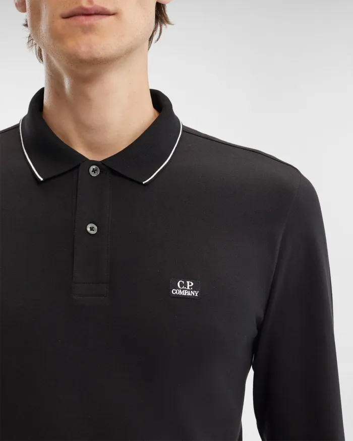 Man CP Company Tshirts and Polo Stretch Piquet Long Sleeved Slim Striped Polo Shirt Black