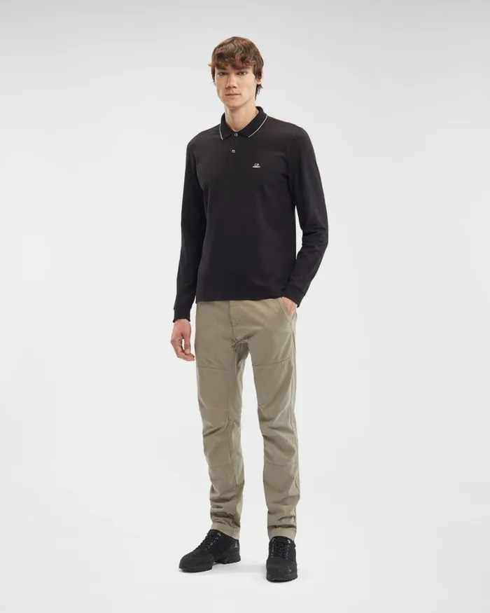 Man CP Company Tshirts and Polo Stretch Piquet Long Sleeved Slim Striped Polo Shirt Black