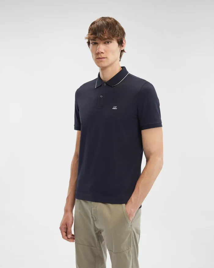 Man CP Company Tshirts and Polo Stretch Piquet Polo Shirt Slim Fit Total Eclipse 8211 Blue