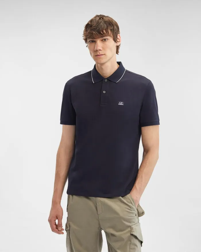 Man CP Company Tshirts and Polo Stretch Piquet Regular Polo Shirt Total Eclipse 8211 Blue