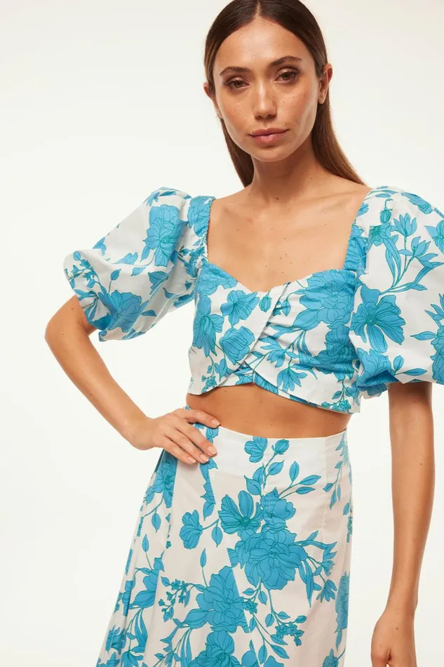 Matching Sets Women MISA Los Angeles RORI TOP Turquoise Flora Poplin