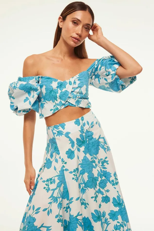 Matching Sets Women MISA Los Angeles RORI TOP Turquoise Flora Poplin