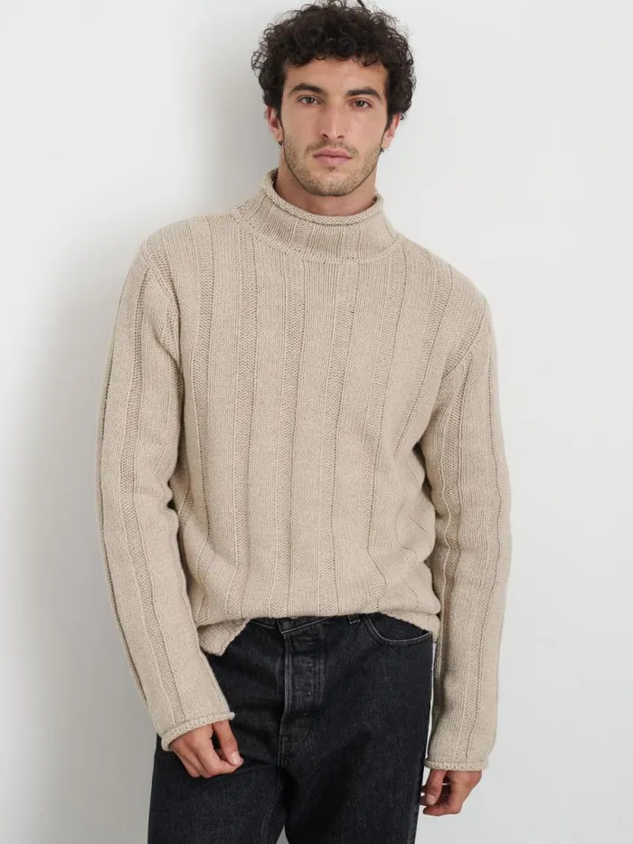 Mateo Roll Neck Sweater In Ribbed Wool Cotton Oatmeal Men Alex Mill Sweaters Sweatshirts