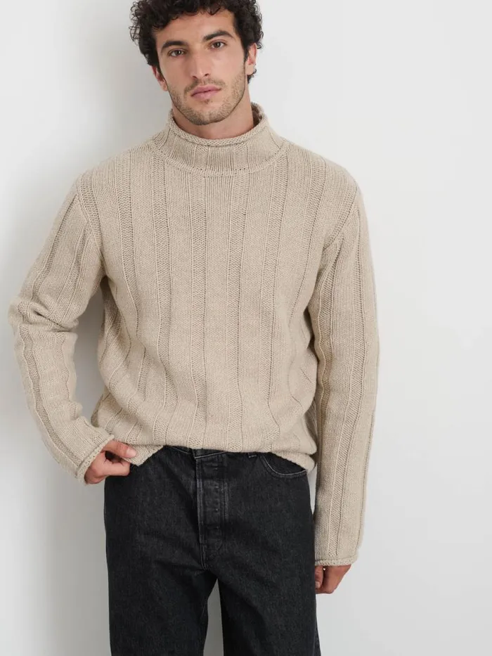 Mateo Roll Neck Sweater In Ribbed Wool Cotton Oatmeal Men Alex Mill Sweaters Sweatshirts