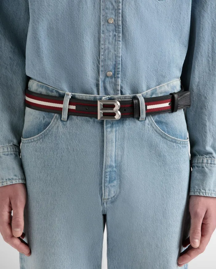 Men B Bold 35mm Reversible Belt In Red White Red Fabric And Leather Bally Belts