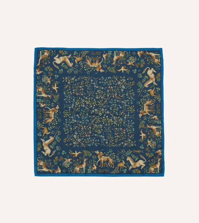 Men Blue And Navy Unicorn Garden Print CottonSilk Pocket Square Drake039s Pocket Squares