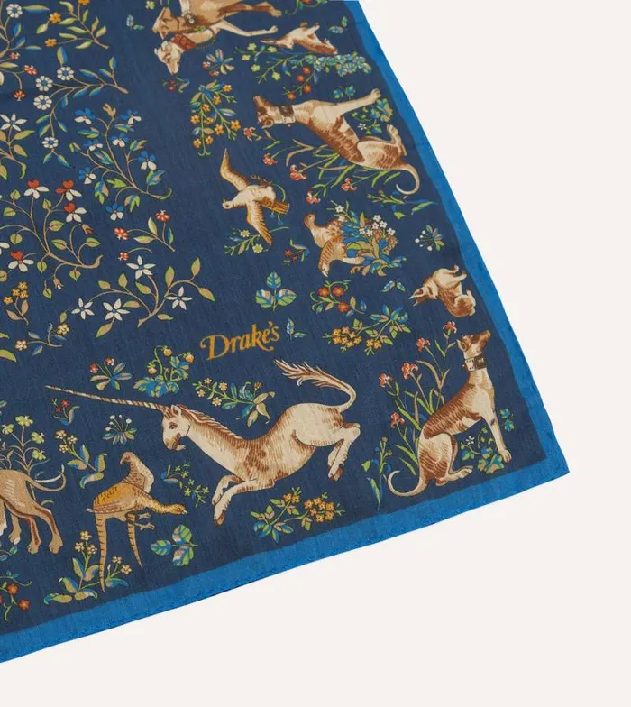 Men Blue And Navy Unicorn Garden Print CottonSilk Pocket Square Drake039s Pocket Squares