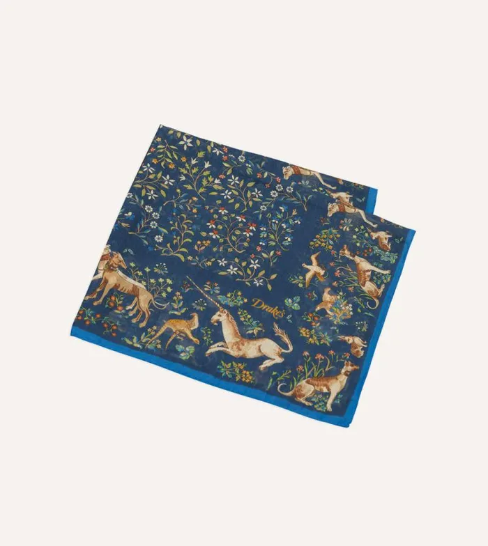 Men Blue And Navy Unicorn Garden Print CottonSilk Pocket Square Drake039s Pocket Squares