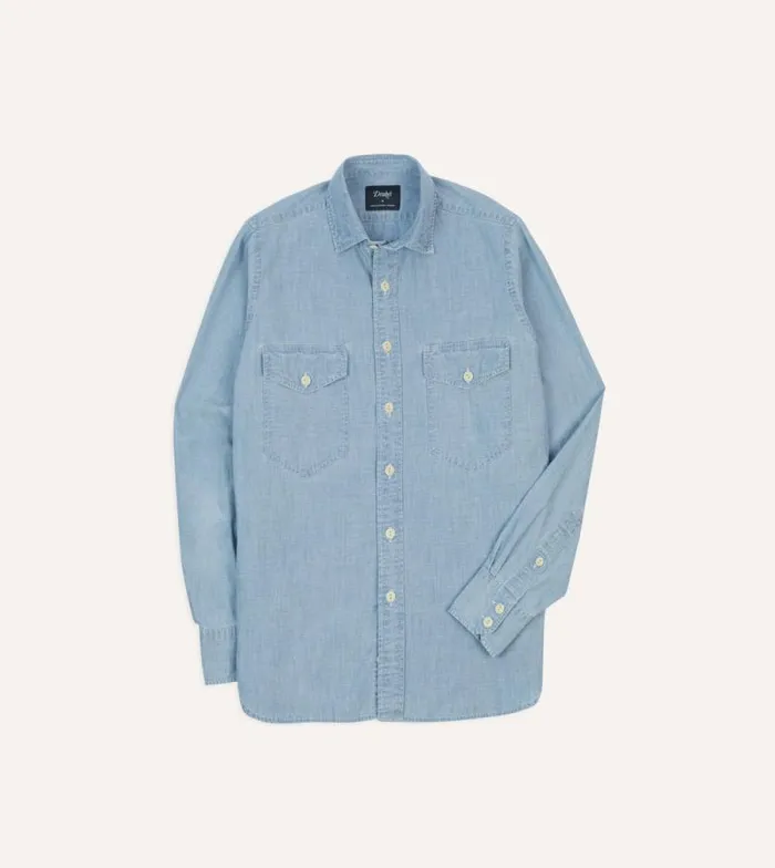 Men Blue Cotton Chambray TwoPocket Work Shirt Drake039s Work Shirts