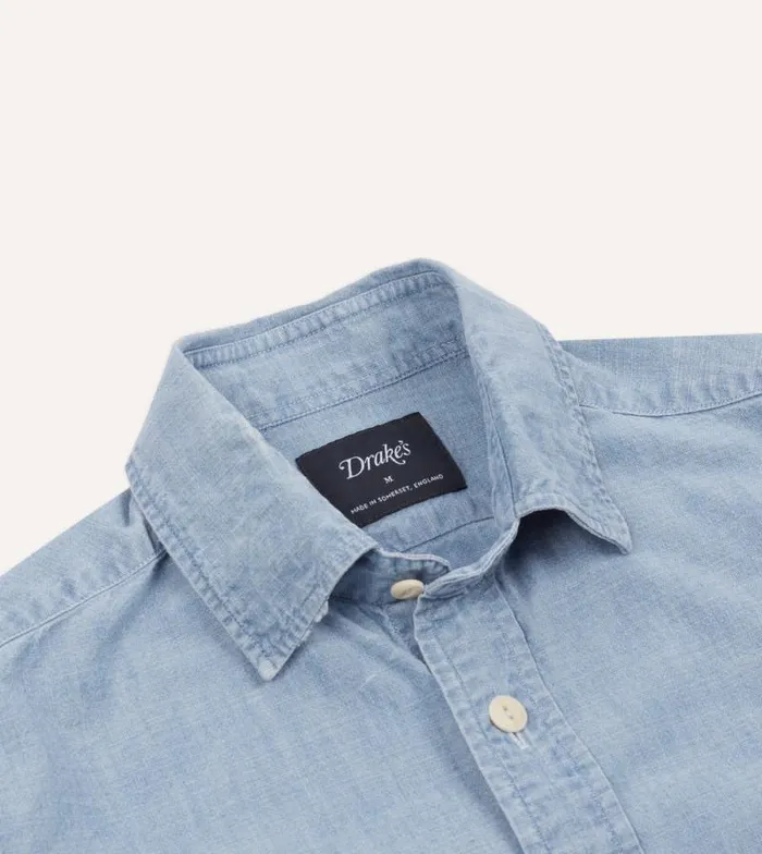 Men Blue Cotton Chambray TwoPocket Work Shirt Drake039s Work Shirts