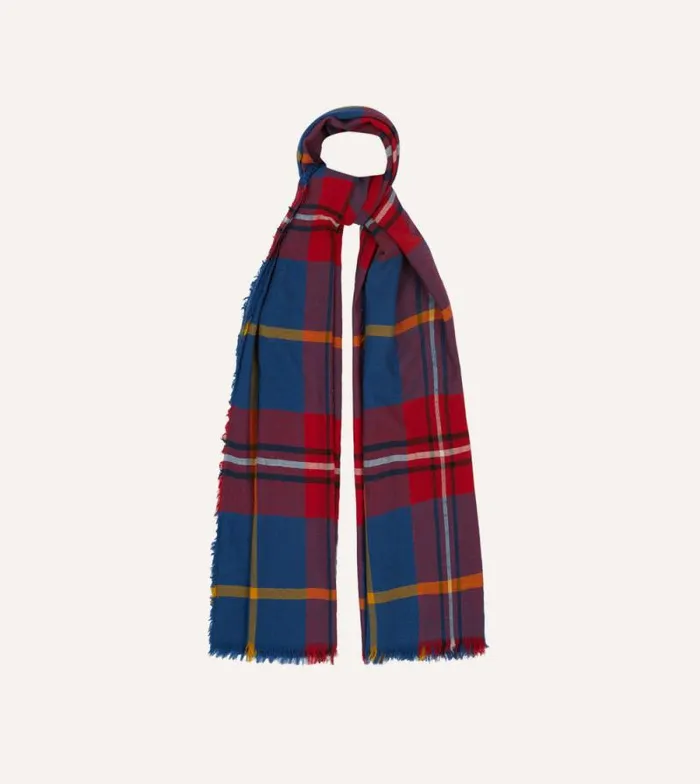 Men Blue Tartan Washed Check Wool Scarf Drake039s Scarves