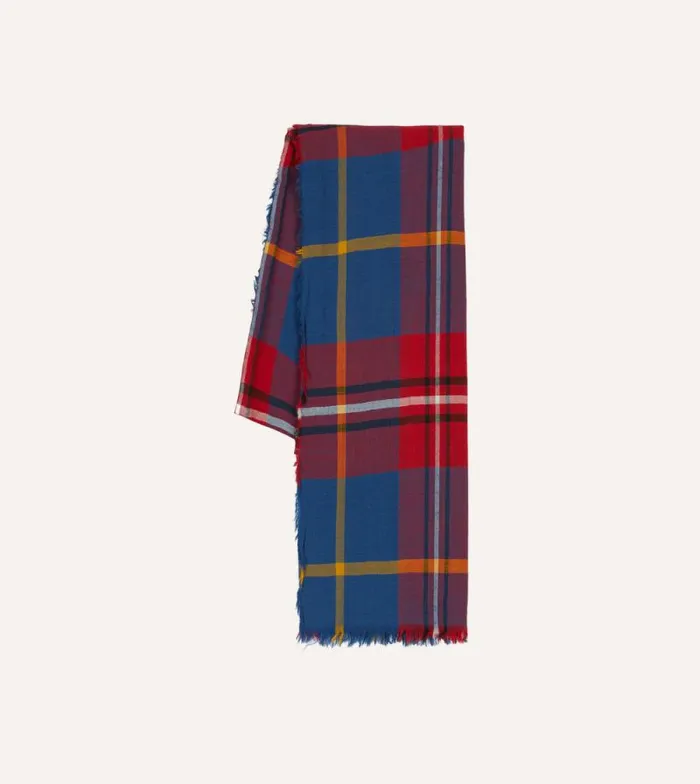 Men Blue Tartan Washed Check Wool Scarf Drake039s Scarves