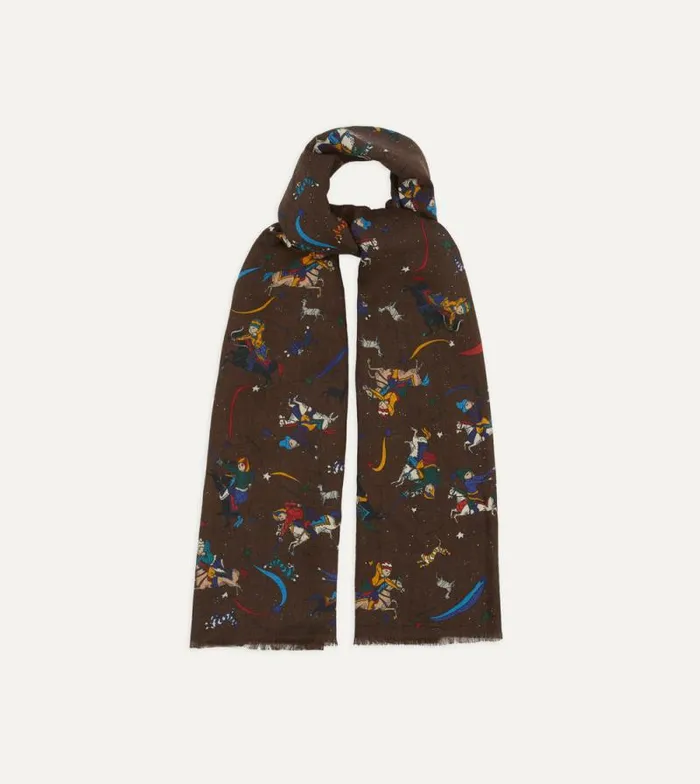 Men Brown Mughal And Stars Print Wool Scarf Drake039s Scarves