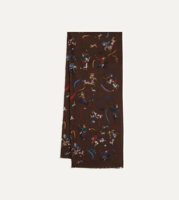 Men Brown Mughal And Stars Print Wool Scarf Drake039s Scarves