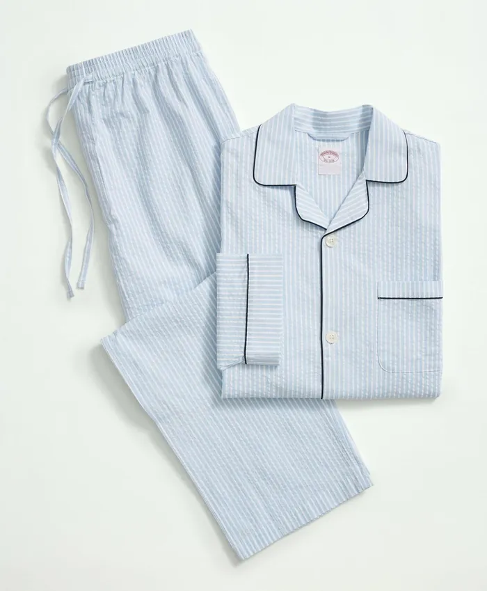 Men Cotton Seersucker Pajamas Chambray Blue Brooks Brothers Pajamas and Robes