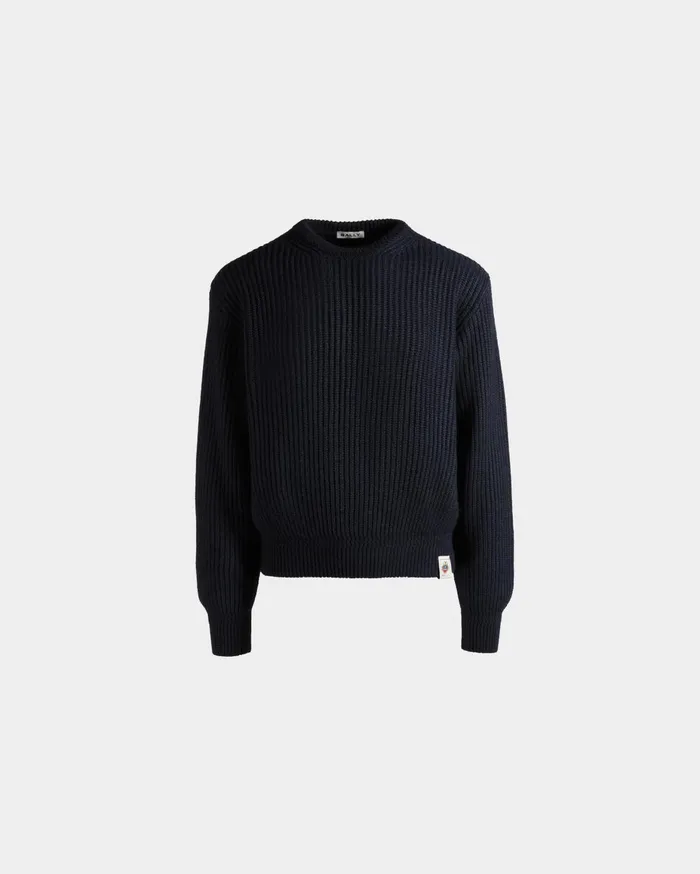 Men Crewneck Sweater With Bally Crest Logo In Navy Blue Wool And Silk Bally Knitwear