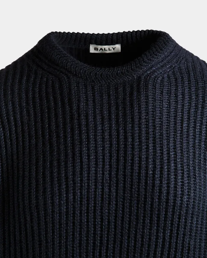Men Crewneck Sweater With Bally Crest Logo In Navy Blue Wool And Silk Bally Knitwear