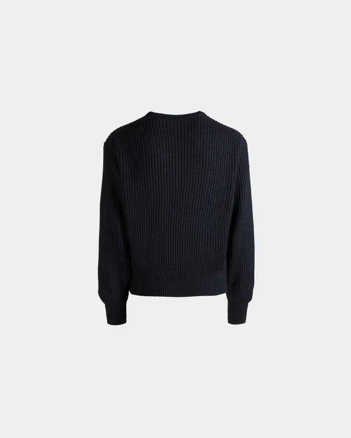 Men Crewneck Sweater With Bally Crest Logo In Navy Blue Wool And Silk Bally Knitwear