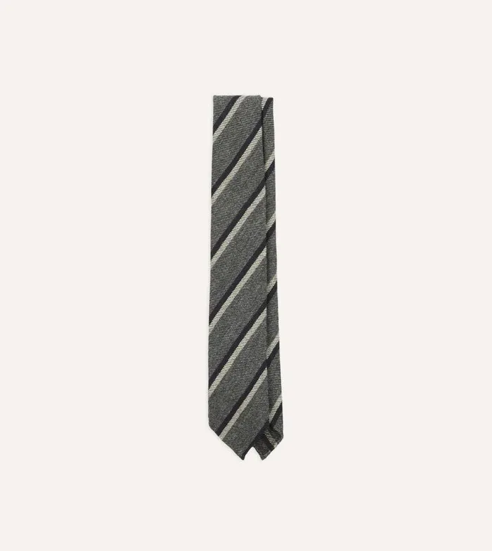 Men Grey And Navy Sandwich Stripe Hand Rolled Shetland Wool Tie Drake039s Striped Ties