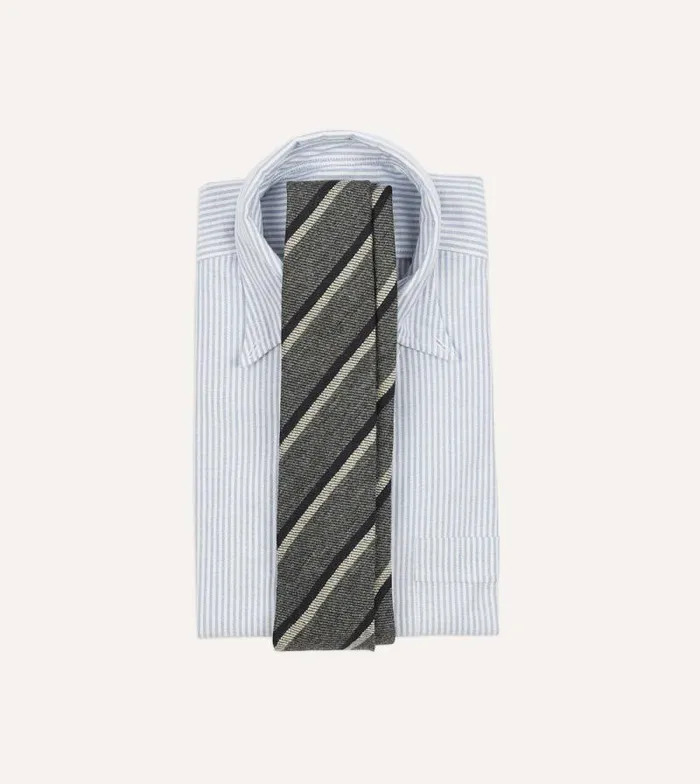 Men Grey And Navy Sandwich Stripe Hand Rolled Shetland Wool Tie Drake039s Striped Ties