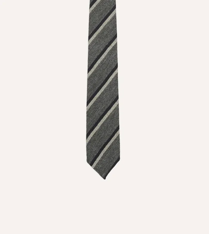Men Grey And Navy Sandwich Stripe Hand Rolled Shetland Wool Tie Drake039s Striped Ties