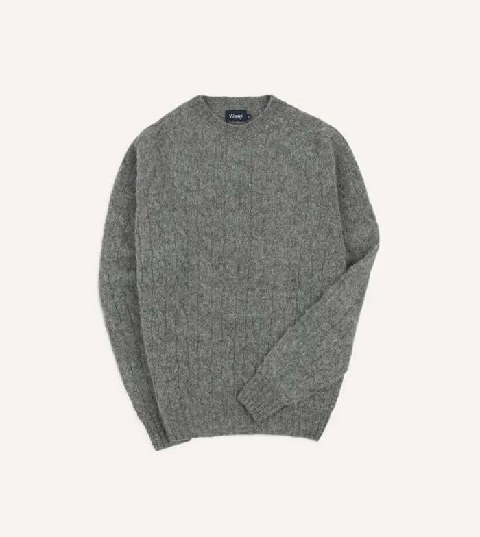 Men Grey Brushed Shetland Cable Knit Crew Neck Jumper Drake039s Knitwear