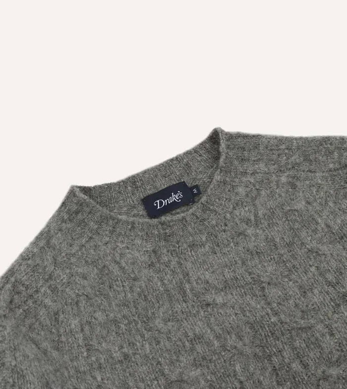 Men Grey Brushed Shetland Cable Knit Crew Neck Jumper Drake039s Knitwear