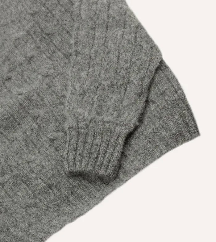 Men Grey Brushed Shetland Cable Knit Crew Neck Jumper Drake039s Knitwear