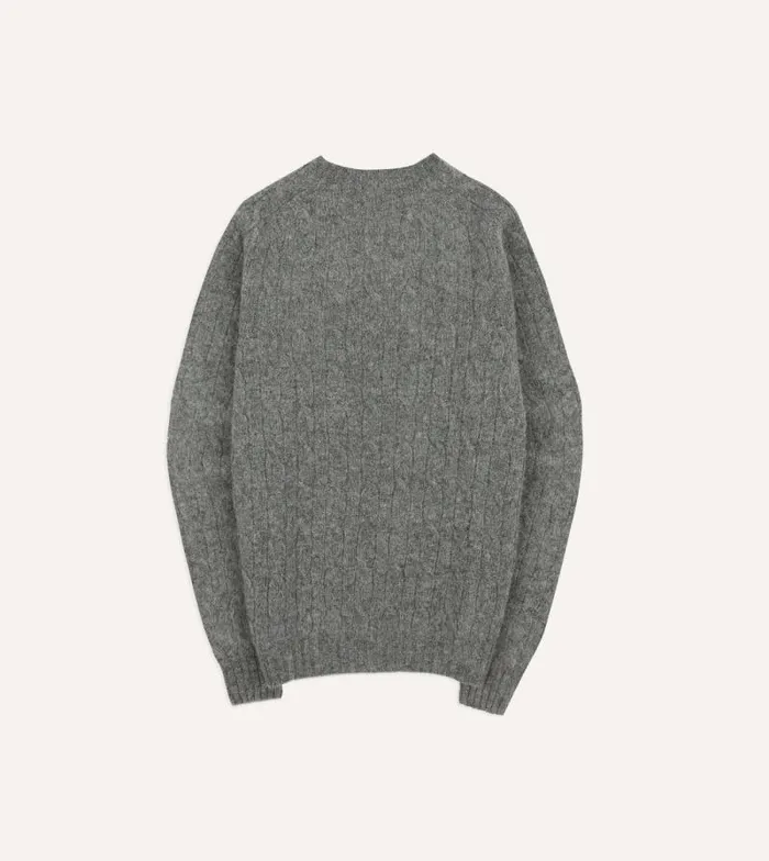 Men Grey Brushed Shetland Cable Knit Crew Neck Jumper Drake039s Knitwear