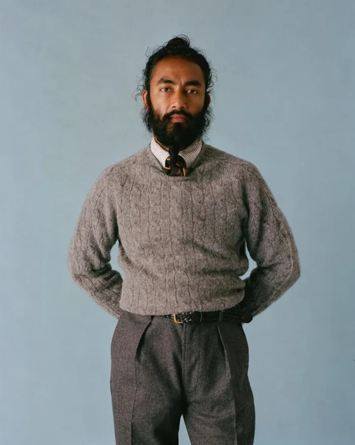 Men Grey Brushed Shetland Cable Knit Crew Neck Jumper Drake039s Knitwear