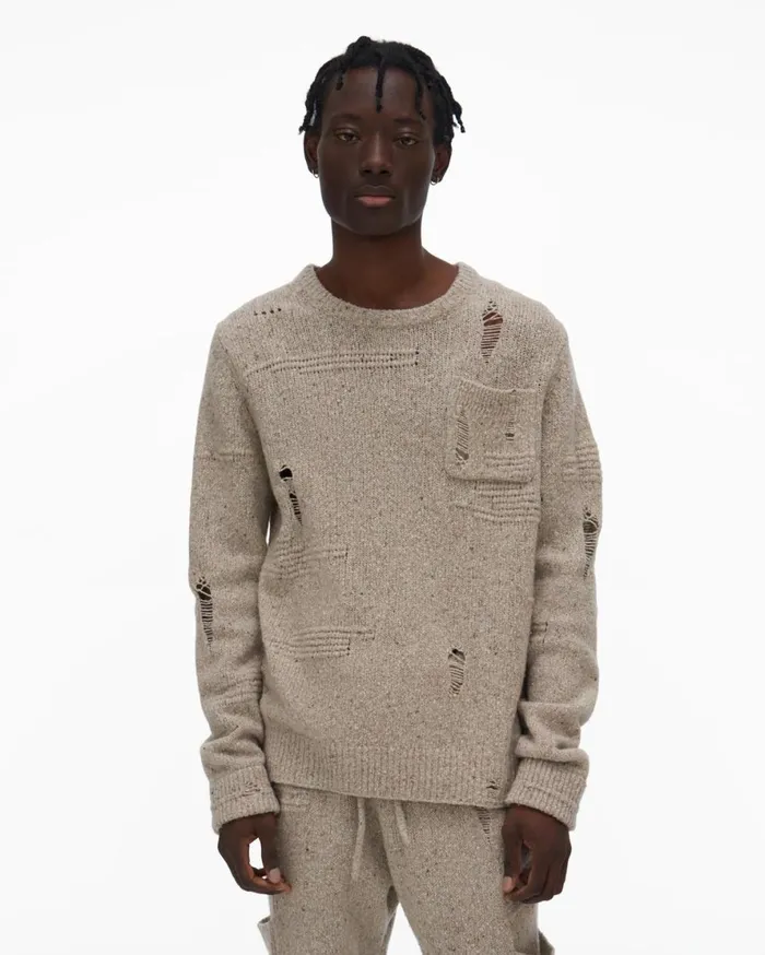 Men Helmut Lang Sweaters Distressed Sweater Sandstorm