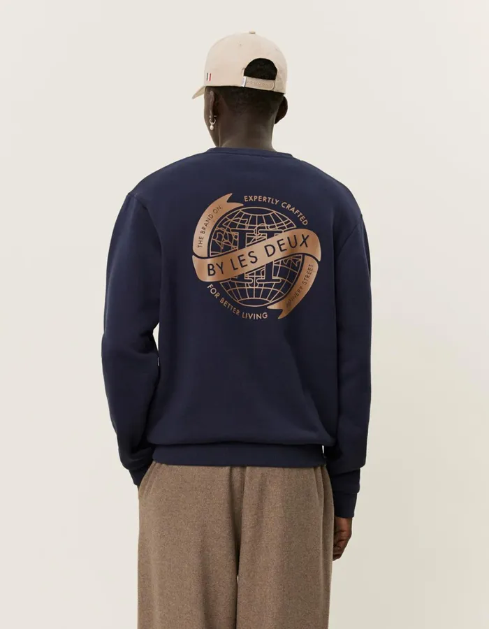 Men Les Deux HoodiesSweatshirts Globe Sweatshirt 8211 Dark NavyTobacco Brown