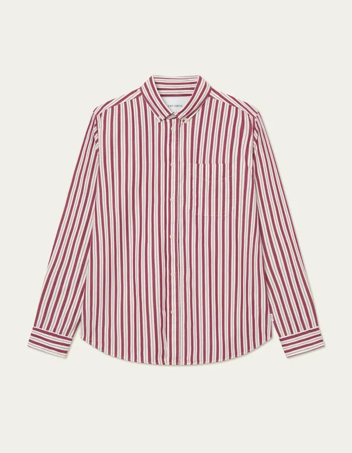 Men Les Deux ShirtsOvershirts Kent Stripe Peached Poplin Shirt 8211 Beet RedWhite