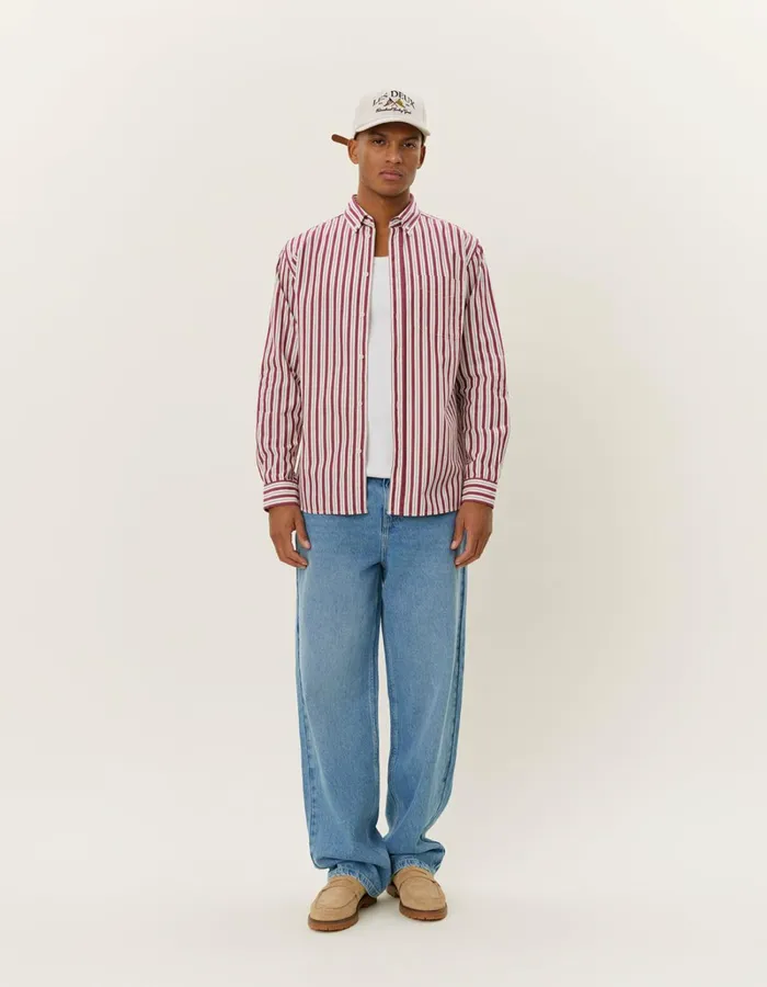 Men Les Deux ShirtsOvershirts Kent Stripe Peached Poplin Shirt 8211 Beet RedWhite
