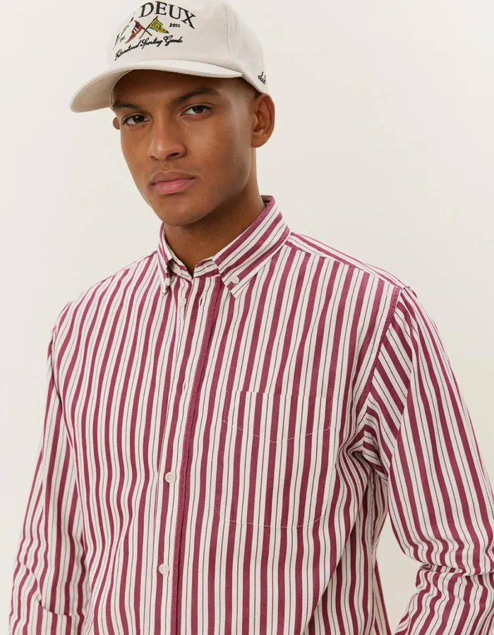 Men Les Deux ShirtsOvershirts Kent Stripe Peached Poplin Shirt 8211 Beet RedWhite