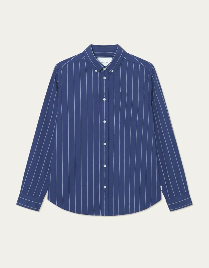 Men Les Deux ShirtsOvershirts Kent Stripe Peached Poplin Shirt 8211 BlueprintWhite