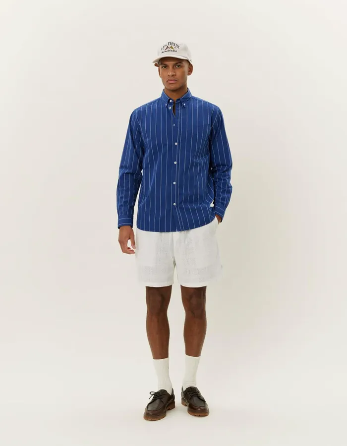 Men Les Deux ShirtsOvershirts Kent Stripe Peached Poplin Shirt 8211 BlueprintWhite