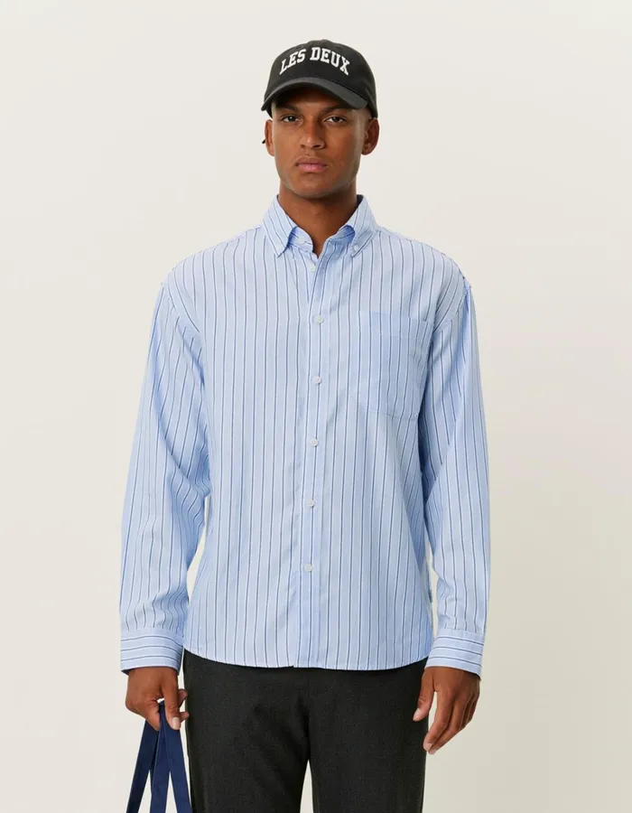 Men Les Deux ShirtsOvershirts Kolton Herringbone Poplin Shirt 8211 WhiteBel Air Blue
