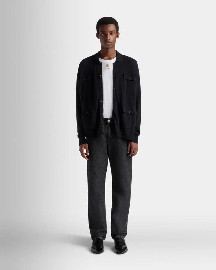 Men Long Sleeve Shirt With Logo In Navy Blue Cashmere Bally Shirts and TShirts