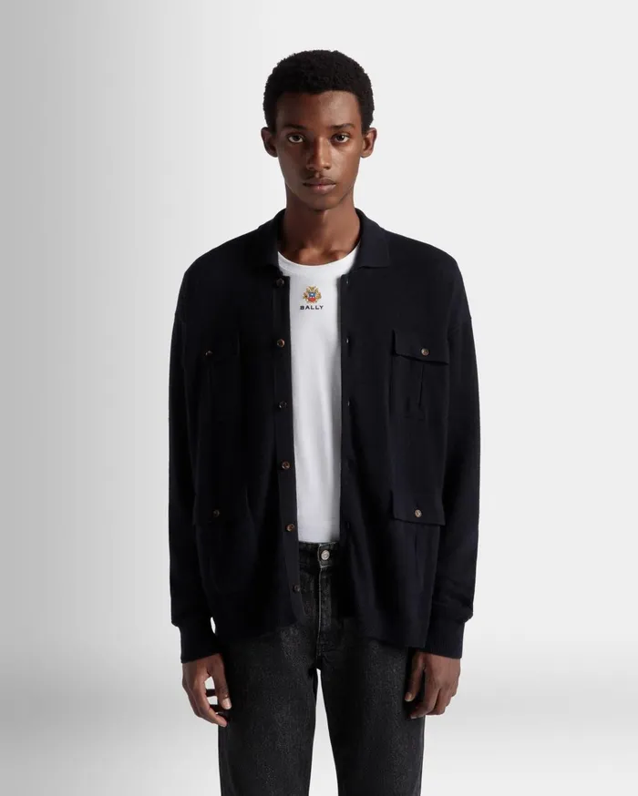 Men Long Sleeve Shirt With Logo In Navy Blue Cashmere Bally Shirts and TShirts