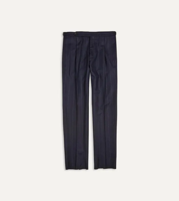 Men Navy Chalkstripe Wool Flannel Single Pleat Trouser Drake039s Trousers