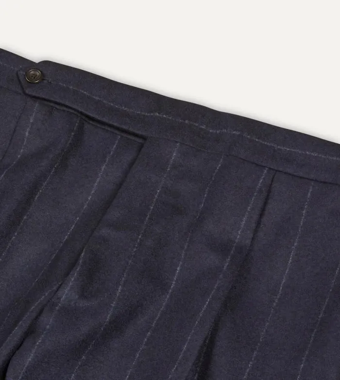 Men Navy Chalkstripe Wool Flannel Single Pleat Trouser Drake039s Trousers