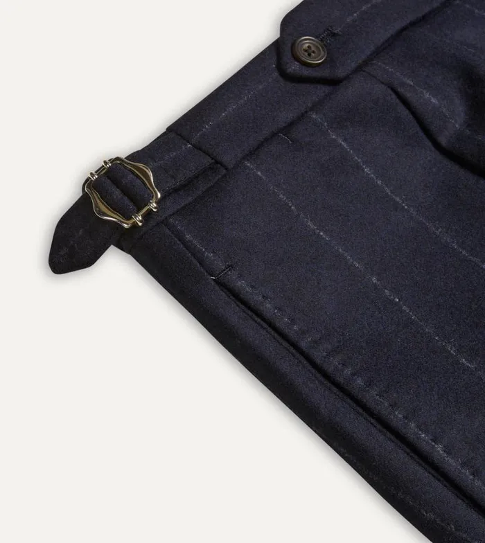 Men Navy Chalkstripe Wool Flannel Single Pleat Trouser Drake039s Trousers
