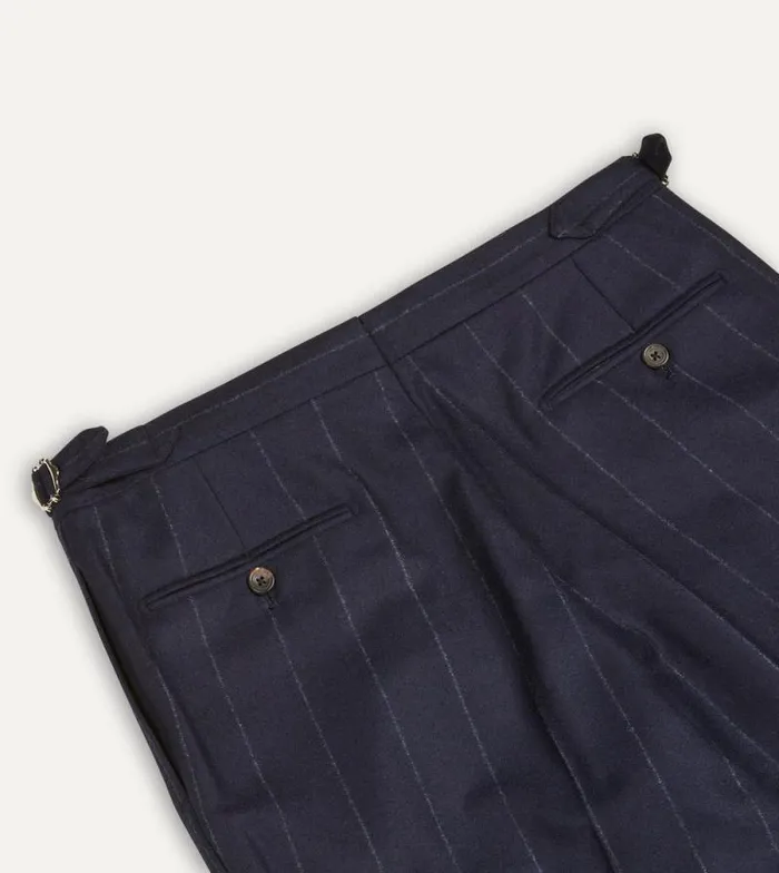 Men Navy Chalkstripe Wool Flannel Single Pleat Trouser Drake039s Trousers