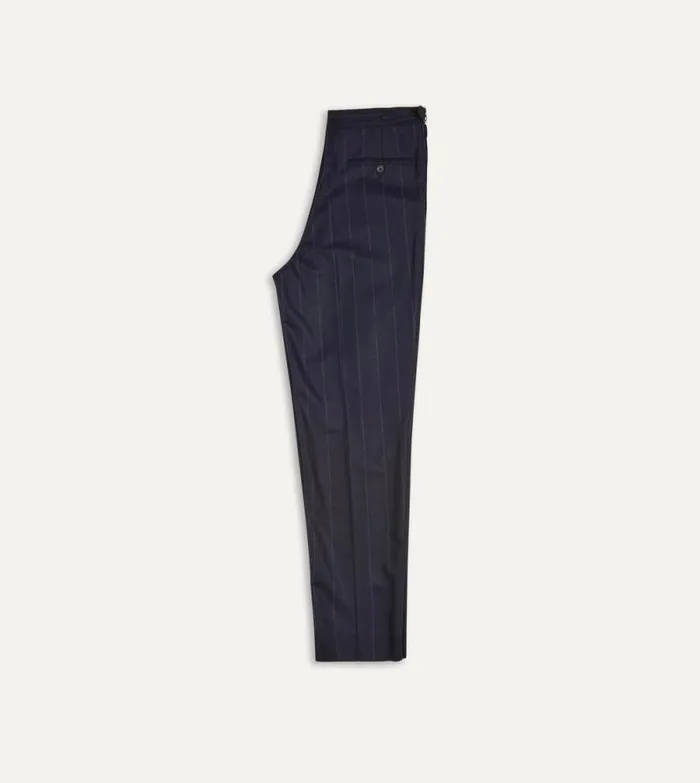 Men Navy Chalkstripe Wool Flannel Single Pleat Trouser Drake039s Trousers